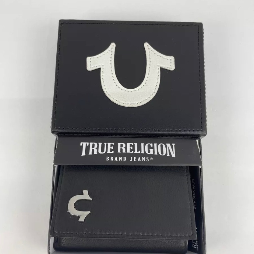 new true religion men’s wallet logo leather